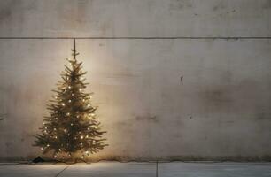 ai generado un pequeño Navidad árbol con luces en frente de un feo hormigón muro, foto