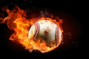 ai generado un llamativo imagen de un béisbol pelota en fuego foto