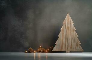 ai generado un de madera Navidad árbol en frente de un cemento fondo foto