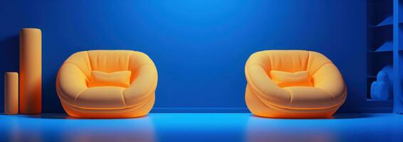 AI generated blue chairs positioned in a blue room with yellow pillows photo
