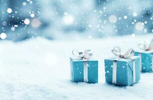 ai generado azul Navidad regalo cajas en nieve foto