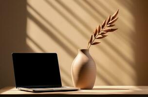 AI generated an empty vase and a laptop on top of a table photo