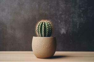 ai generado cactus en neutral tonificado cemento maceta, en de madera mesa foto