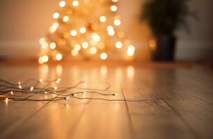 AI generated christmas tree with christmas lights on a floor photo