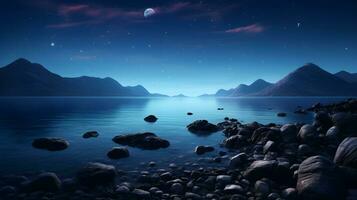 AI generated Starry Night Serenity by the Rocky Shore. AI Generated photo
