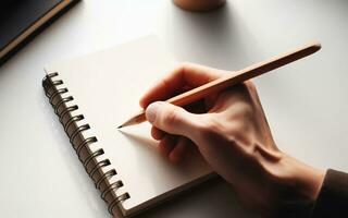 AI generated blank notebook The hand holding the pencil is about to start writing in a notebook Taking notes Drawing with a pencil photo