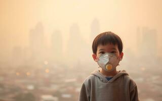 ai generado chico vistiendo un máscara a evitar toxinas en el capital cuales es lleno de niebla tóxica pm2.5 y pesado rieles en el aire foto