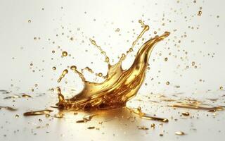 AI generated Vegetable oil floating in the air Golden water splashes Water drops on white background. Golden oil. photo