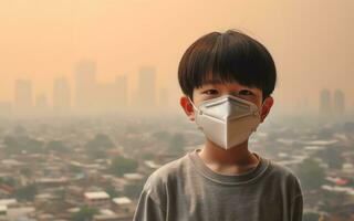 AI generated Boy wearing a mask to prevent toxins In the capital which is full of smog PM2.5 and heavy metals in the air photo