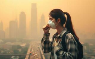 AI generated A woman wearing a protective mask coughs in a capital filled with PM2.5 smog and heavy metals in the air photo