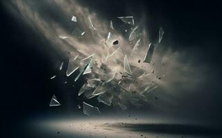 AI generated Broken glass, shattered glass pieces, black background photo