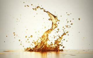 AI generated Vegetable oil floating in the air Golden water splashes Water drops on white background. Golden oil. photo