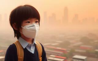 AI generated Boy wearing a mask to prevent toxins In the capital which is full of smog PM2.5 and heavy metals in the air photo