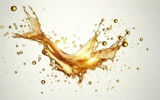 AI generated Vegetable oil floating in the air Golden water splashes Water drops on white background. Golden oil. photo