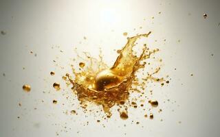 ai generado vegetal petróleo flotante en el aire dorado agua salpicaduras agua gotas en blanco antecedentes. dorado aceite. foto