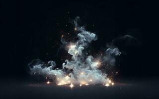 AI generated sparks, bursts of sparks smoke and fire background White smoke on a black background photo