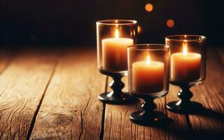 AI generated Candles in glasses placed on a wooden floor Warm light Blur bokeh background Old fashioned candlesticks and candlelight photo