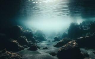 AI generated underwater sand floor Light shines underwater clear water empty seabed The sand surface is in the shape of waves under the sea photo