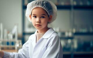 AI generated Children dressed in researcher uniforms scientist Blurred laboratory background Dream ideas for future careers dream careers photo