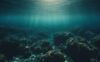 ai generado submarino arena piso ligero brilla submarino claro agua vacío fondo del mar el arena superficie es en el forma de olas debajo el mar foto