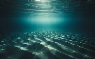 AI generated underwater sand floor Light shines underwater clear water empty seabed The sand surface is in the shape of waves under the sea photo