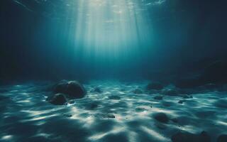 ai generado submarino arena piso ligero brilla submarino claro agua vacío fondo del mar el arena superficie es en el forma de olas debajo el mar foto