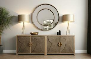 AI generated the sideboard features a metal wall hanging and some lamps on it, photo