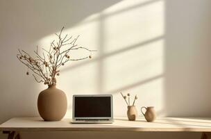 AI generated desk with laptop, vase and lamp on white table photo