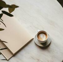 AI generated coffee cup with book on wooden table photo