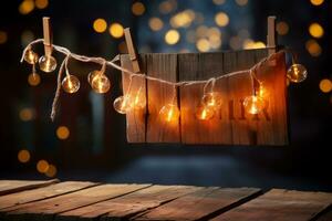 AI generated Bokeh lights on wood background photo