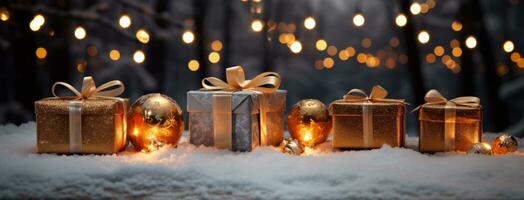 AI generated Christmas tree and gift boxes in the snow photo