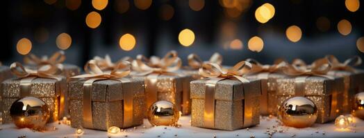 AI generated a blurred snow background with Christmas gifts photo