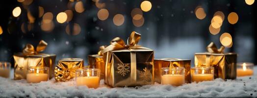 AI generated Gold color wrapped gift boxes in snow background photo