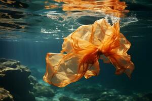 AI generated Plastic carrier bags and other garbage pollution in ocean photo
