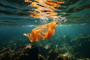 AI generated plastic waste floating underwater in the ocean photo