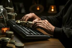 AI generated Old man typing on a typewriter for his income. photo