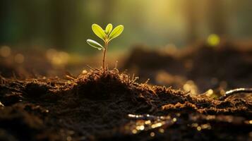 AI generated Green plants into the soil in a forest. photo