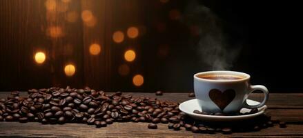 AI generated A white cup of coffee on a wooden table photo