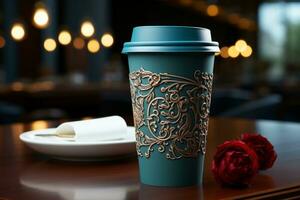 AI generated cup of coffee with rose. photo
