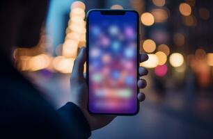 AI generated a person holding a smartphone with blur screen at night photo