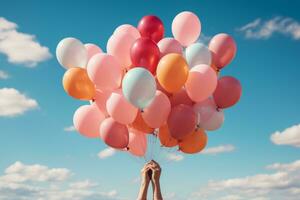 AI generated a person holding multiple colorful balloons in the air photo
