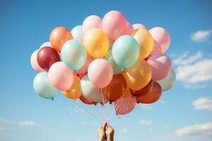 AI generated a person holding multiple colorful balloons photo