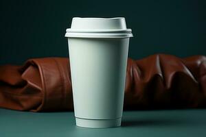 AI generated a white coffee cup with cap on top on a table photo