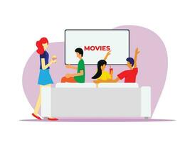 friends watching movie together and enjoy some snacks and popcorn covered by cheerful ambience vector