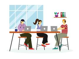 young people man and woman working on laptop at coworking space concept illustration vector