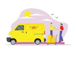 Delivery service online shop concept. A women receives her package from courier guy vector