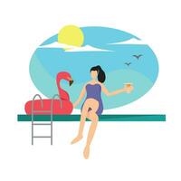 a girl on summer vacation enjoying sunset view on the pool side vector