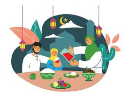 iftar plano ilustración con comida en el mesa. personas orar para iftar vector