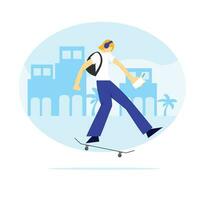 A man with backpack passing by the cities going to work or school using skateboard vector