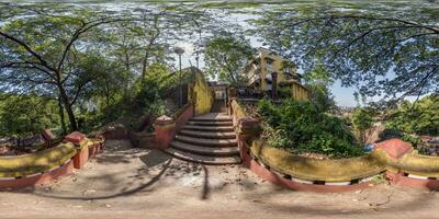 full seamless spherical 360 hdri panorama on old concrete staircase, remains of an ancient more developed civilization in jungles of India in equirectangular projection, for VR virtual reality content photo